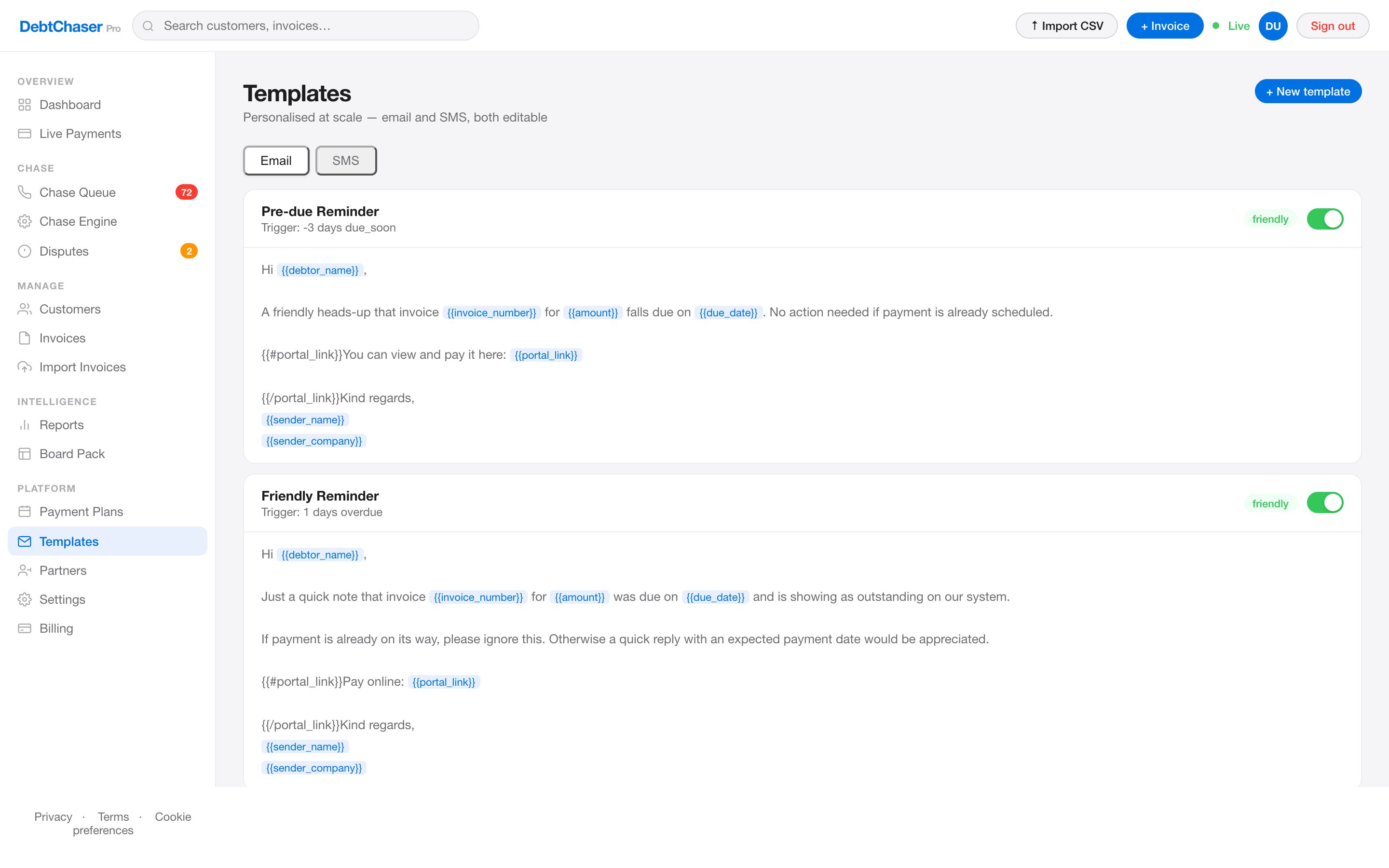 DebtChaser Pro Templates screen with editable email and SMS templates